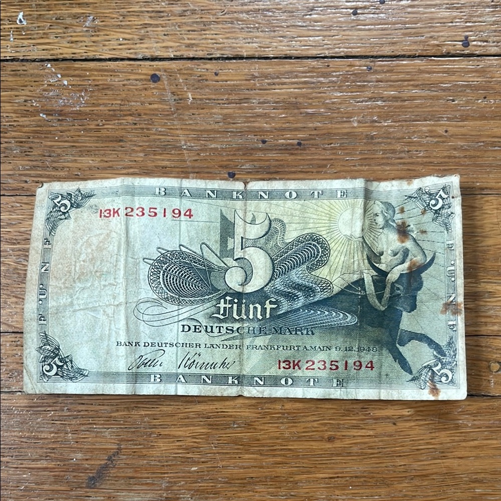 1948 Vintage German 5 Mark Banknote